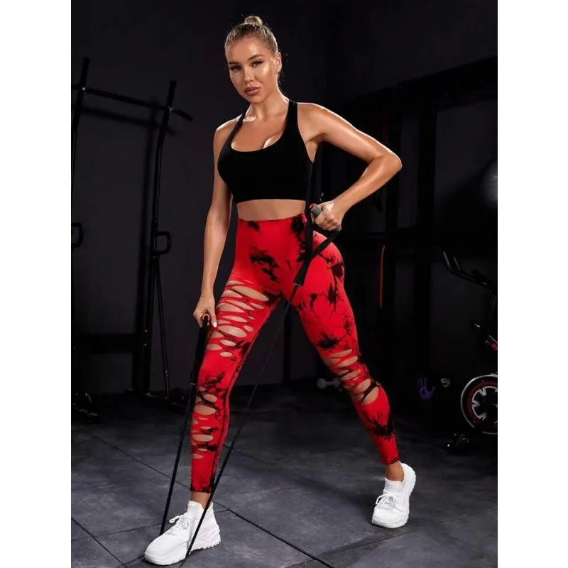 여성용 섹시한 할로우 아웃 타이 다이 레깅스, 심리스 레깅스, 하이 웨이스트, 힙 리프팅, 신축성 스포츠, 피트니스, 러닝, 요가 타이츠