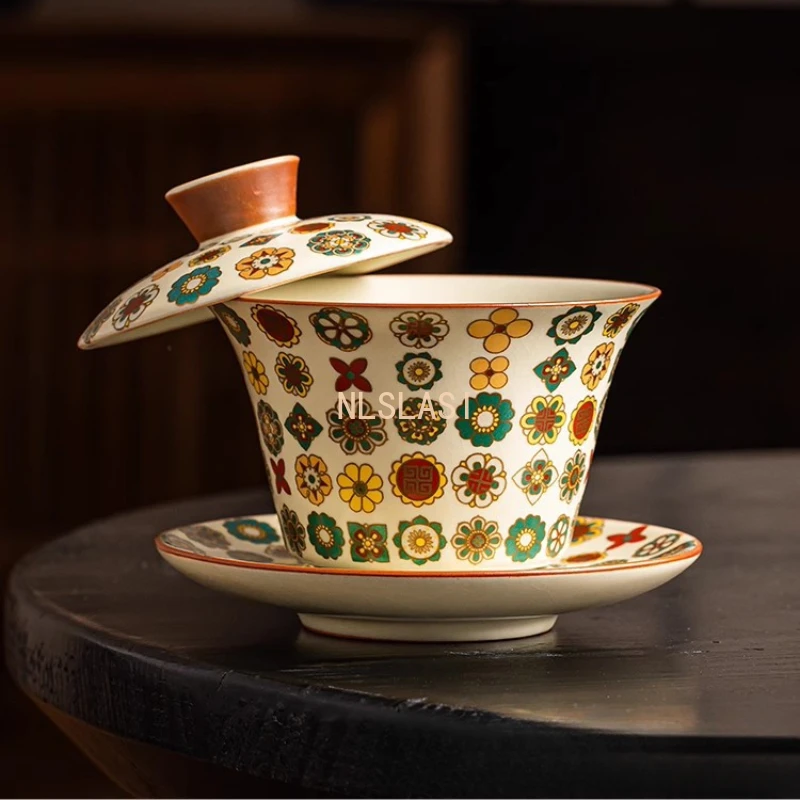 1 pcs Ru kiln opened tea cup Hovering heat-resistant household ceramic lid bowl Tea cup Rotating tea bowl with lid 170ml