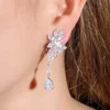 CWWZircons No Ear Hole Style Cubic Zircon Flower Drop Women Wedding Bridal Party Long Clip on Earrings without Piercing CZ274 2