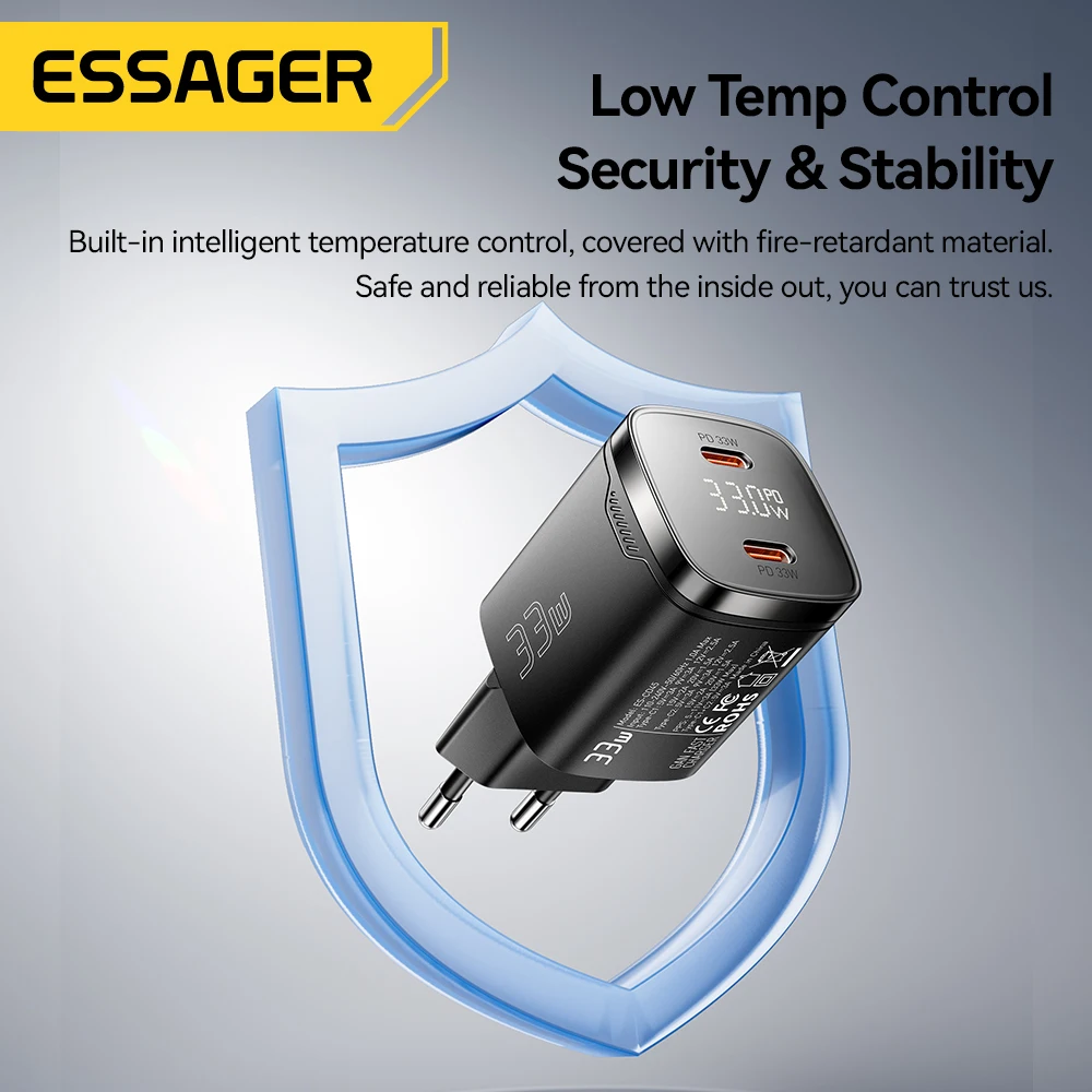 Essager 33W GaN Dual USB Type C Charger PD Fast Charging For iPhone 17 16 15 14 13 Pro Max iPad Digital Display Phone Chargers
