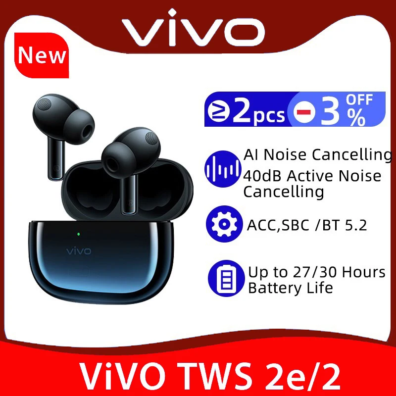

Vivo TWS 2e Earphone Wireless Bluetooth 5.2 Earbuds Dual Mic Call Noise Cancellation 12.2mm Driver AAC For Vivo X70 Pro X50