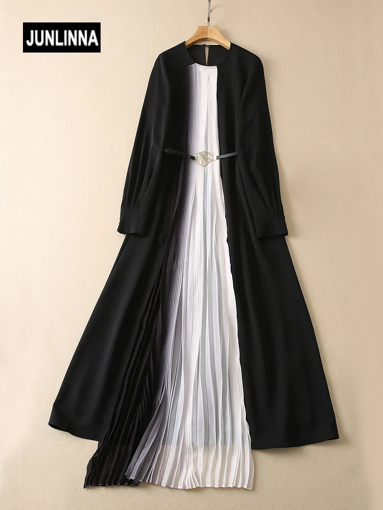 

JUNLINNA Street Fashion Women Patchwork Dress Spring Autumn White Black Colour Pleated Party Vestidos Goddess Asymmetrical