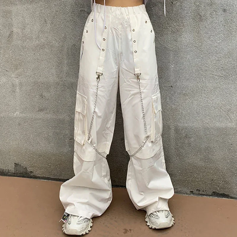 

Women Summer Thin With Chain Cargo Pants Women's Loose Leisure Sweatpants Y2k Style Fashion High-waist White Color Trousers A228