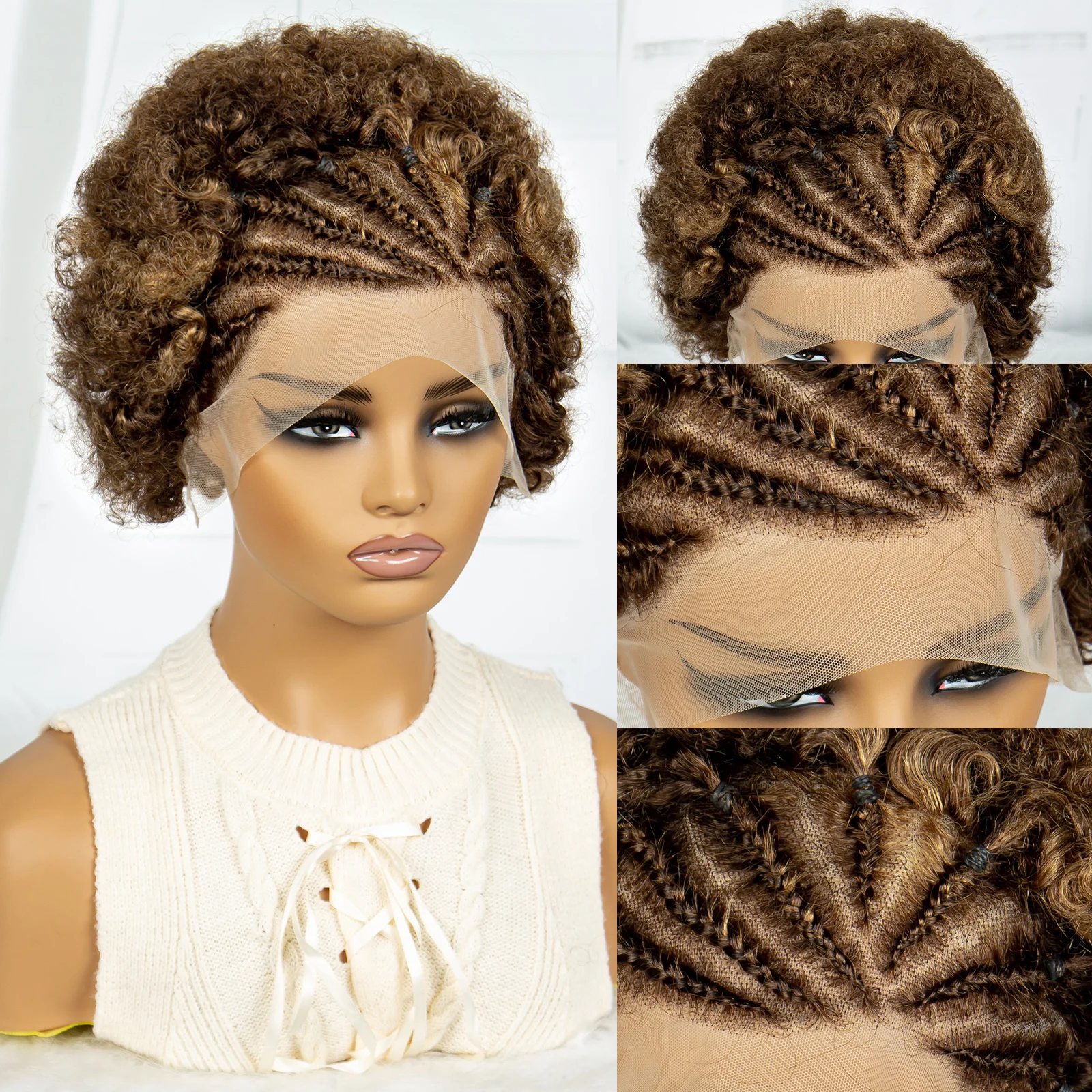 250% Density Human Hair Braids Afro Kinky Curly Bouncy Human Hair Wig 13x4 Transparent Lace Frontal Hair Wig for Black Women 8"