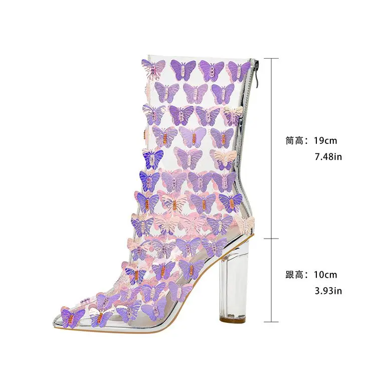 Women Transparent Sequin Butterfly Crystal Heel Short Boots