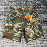 Summer Fashion Camouflage Splicing Leather Letter Washed Retro Knee Jeans Men Women Shorts 1