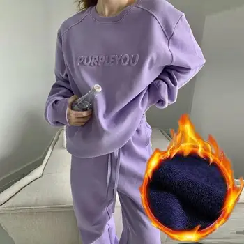 Women Fleece Tracksuit Sets Winter Long Sleeve Sweatshirts Jogger Pant 2 Piece Outfits Workout Athletic Loungewear 2