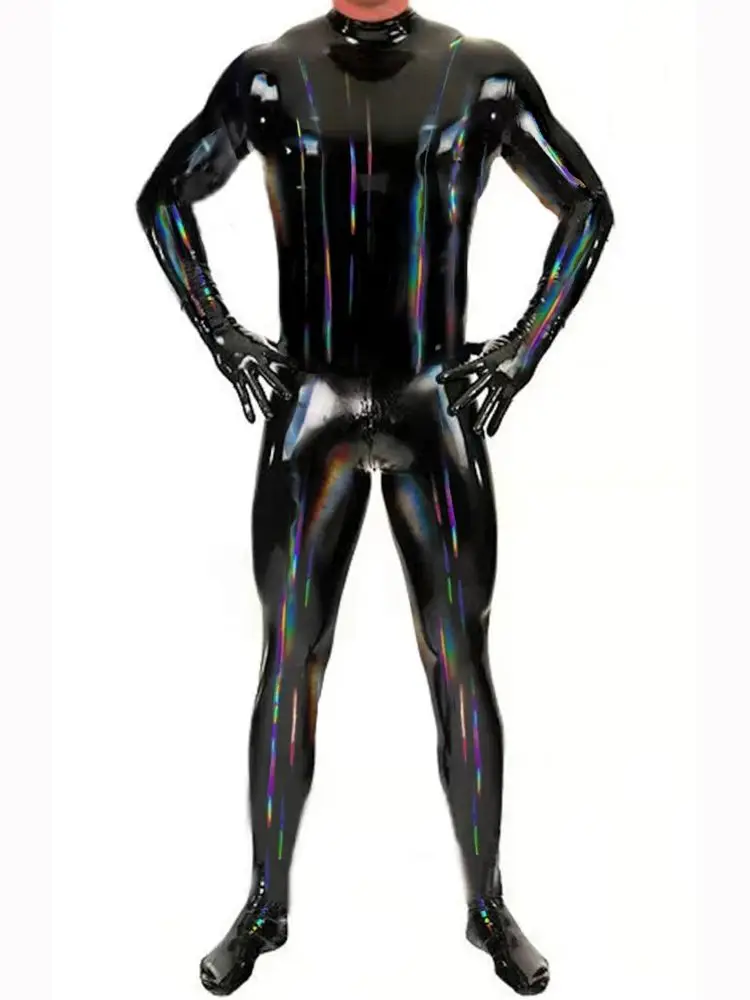 Mens Laser Colorful Wet Look Catsuit Shiny PU Leather Bodysuit Tights Cosplay Leotard Conjoined Unitard Jumpsuit Shapers M-4XL