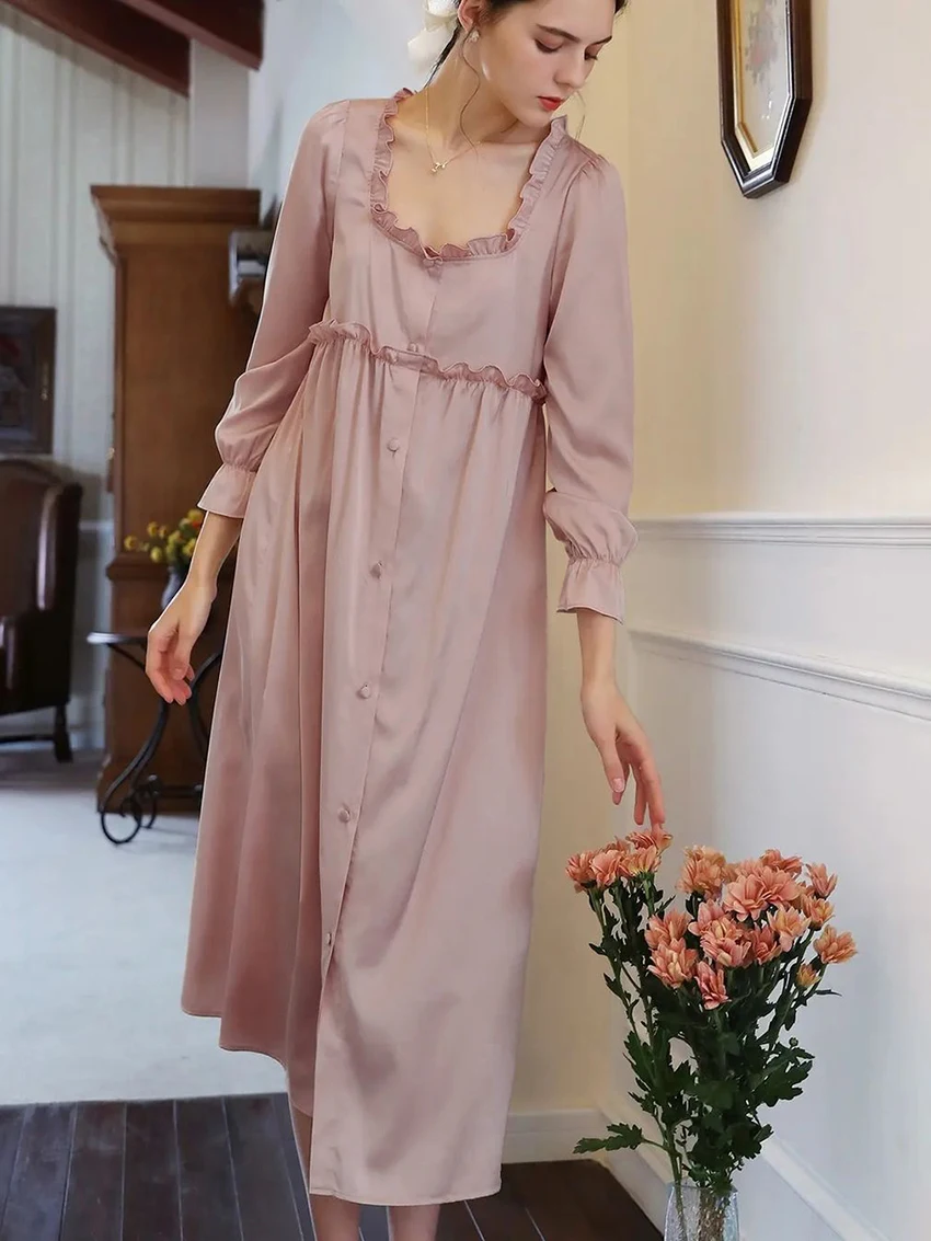 Marthaqiqi Casual Female Home Clothes Sexy Square Collar Sleepwear Long Sleeve Nightgowns Split Mid-Calf Dress Women Nightwear