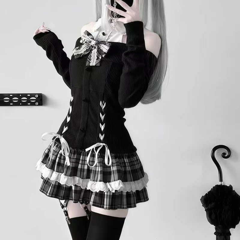 Japanese Gothic Y2k Lolita Skirt Set Women Sweet Lace Bow Bandage Knitted Off-shoulder Top Plaid Mini Skirts Kawaii Slim Outifit