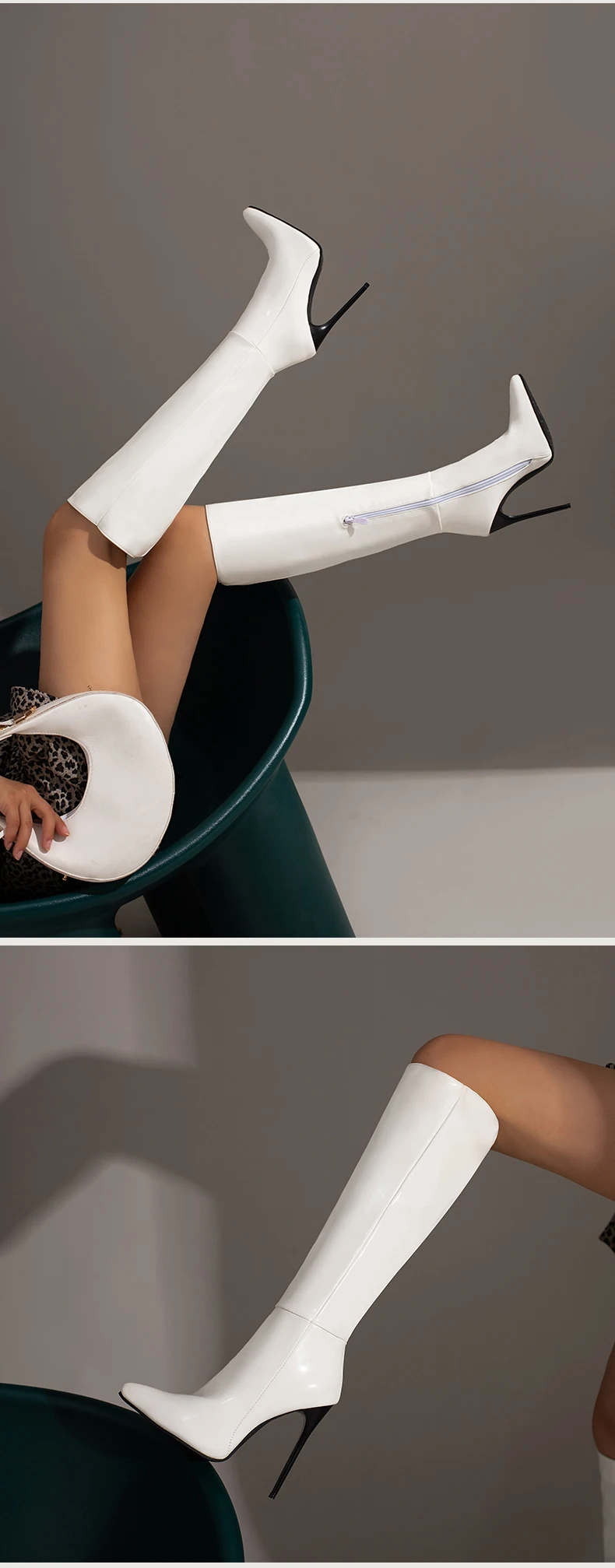 Glossy Patent Leather Pointed Toe Super Stiletto Sexy Women's Knee Boots Plus Size Zipper Plush Lining Slip-On 2022 Winter Shoes