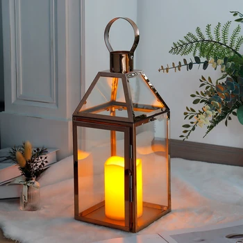 Rose Gold Stainless Steel Candle Holder Hanging Lantern with Tempered Glass for Candles Indoor Outdoor Wedding Party Home Decor