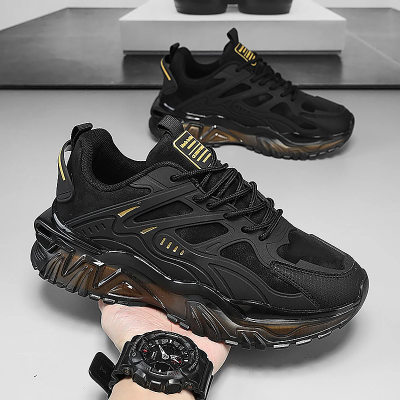 Men's High-Top Running Shoes - Breathable Synthetic Upper, Comfortable Cushioning and Durable Rubber Sole, Suitable for Year-Round Training, Fitness, Jogging - Black with Gold Accents, Sneakers, Streamlined Athletic Design, Lining Fabric