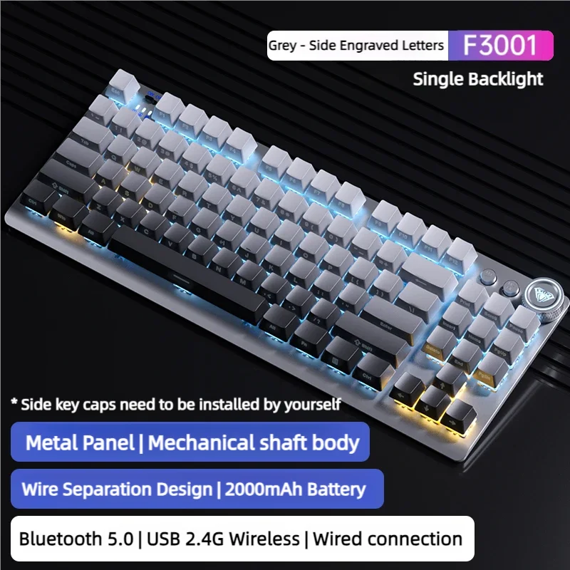 AULA-F3001 Teclado Bluetooth sem fio, Jogos Mecânicos, Escritório, 87 Chaves com Botão de Mídia, 2.4G, 3 Modos