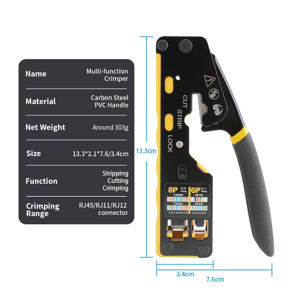 8 in 1 RJ45 압착 도구 키트, 압착 도구, 케이블 테스터, 와이어 커터, 블레이드, 50Pcs Cat 6 커넥터 및 스트레인 릴리프 부츠