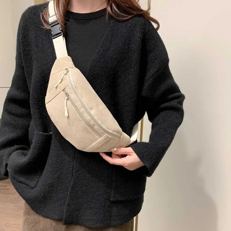 Women Waist Bag Corduroy Student Shoulder Handbag Crossbody Chest Breast Bag Fanny Pack Fashion Phone Female Bum Belt Purse