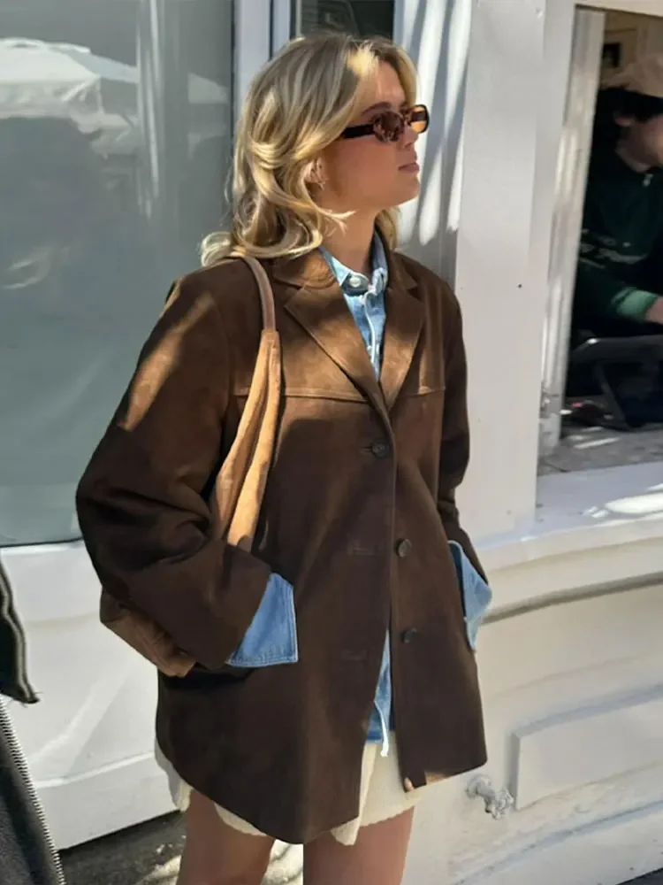 Autumn Brown Suede Jacket With Lapel Woman Casual Single Breasted Pocket Long Sleeve Short Coat 2024 Lady High Street Outwear 5