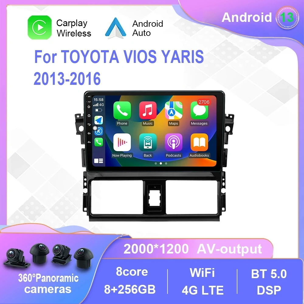 

Магнитола на Android 13 для TOYOTA VIOS YARIS 2013-2016, автомобильный мультимедийный плеер для Carplay, сенсорный экран, GPS-навигация