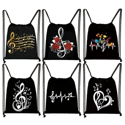 Music Notes Print Backpack Heartbeat ECG Women Drawstring Bag Outdoor Large Capacity Storage Bag for Travel Shoes Holder Gift