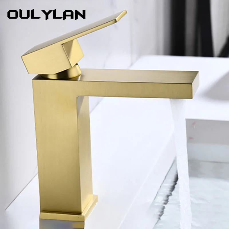

Gold Faucet Gold Stainless Bathroom Steel Table Basin Washbasin Hot Cold Mixer Tap Single Hole Faucet Square