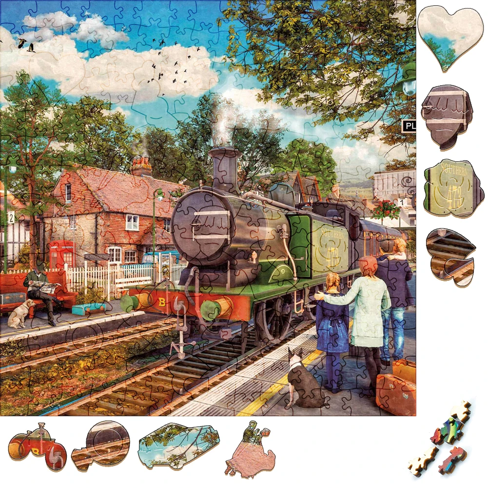 Exquisite Wooden Puzzles Family And Dog Waiting For Train Wood Jigsaw Puzzle Craft Irregular Family Interactive Puzzle Gift