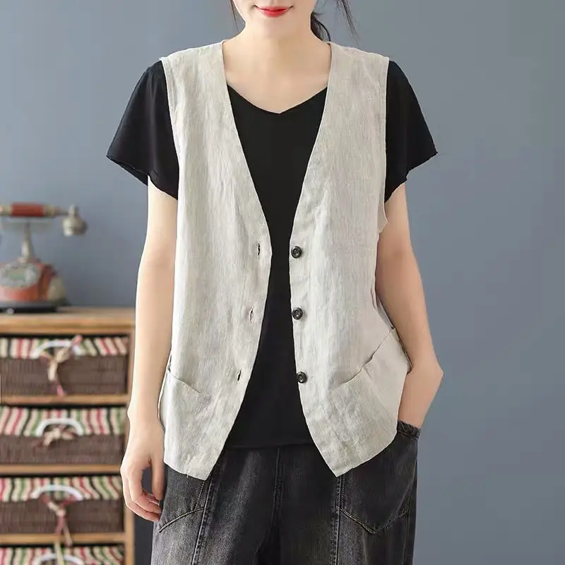 Women's Summer Vest Vintage Cotton And Linen Vest Loose Sleeveless