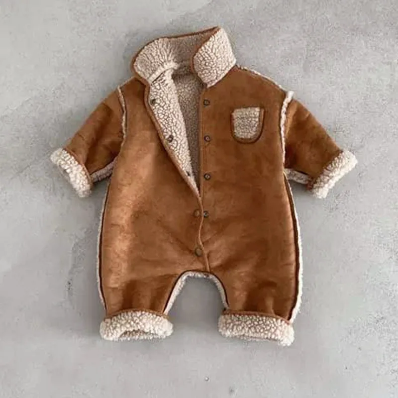 

Autumn Winter Newborn Retro Solid Fleece Warm One-piece Toddler Boy Plus Velvet Thicken Casual Jumpsuit Kid Girl Cotton Romper