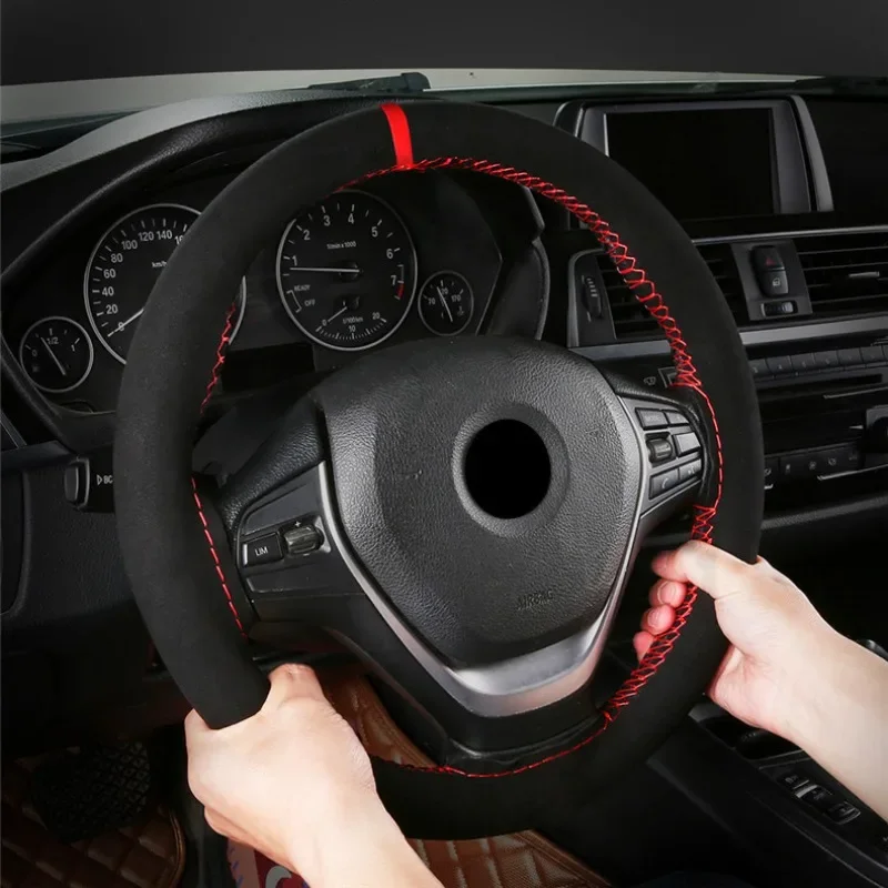 Steering Wheel Cover Black Suede Steering Wheel Cover DIY Braid For Diameter 38cm Auto Accessories