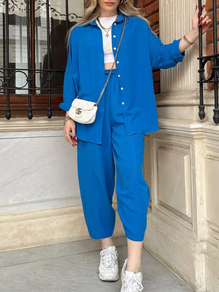 Fashion Trouser Suit Women 2023 Spring Summer Fashion Casual Long-sleeved  Shirt Two Piece Set Loose Wide Pants 2 Piece Set - Pant Sets - AliExpress