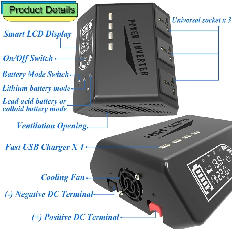 터치 스크린 LCD 듀얼 배터리 모드 USB 범용 플러그인 순수 사인파 인버터, 태양광 발전, 2000W, 12V 110V, 220V