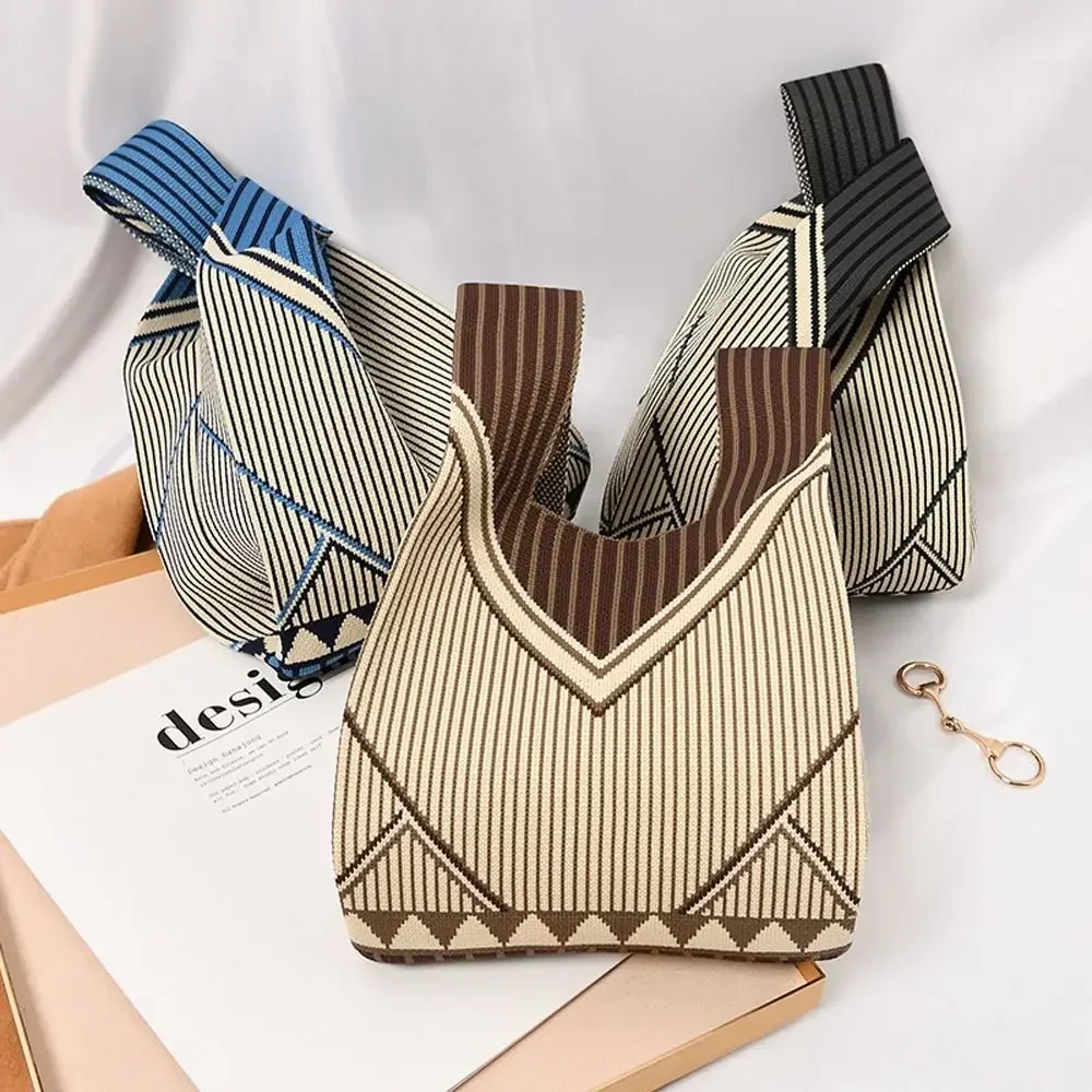 

BBA040 Ins Knitted Knot Wrist Bags Korean Lattice Handbag Women Stripe Tote Bag Flower Mommy Shoulder