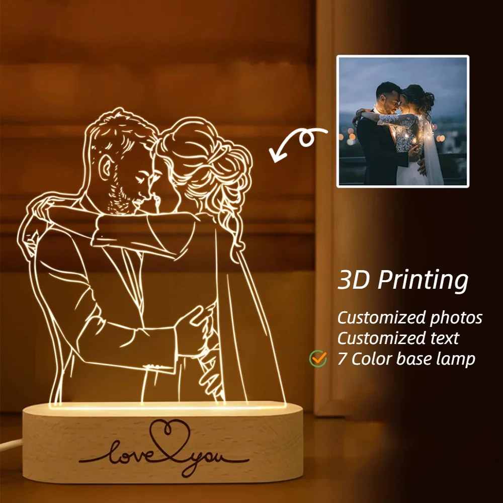 Veilleuse en acrylique avec photo et nom personnalisés, cadeau de fête des  mères pour maman, base en bois personnalisée, lampe de nuit 3D avec votre