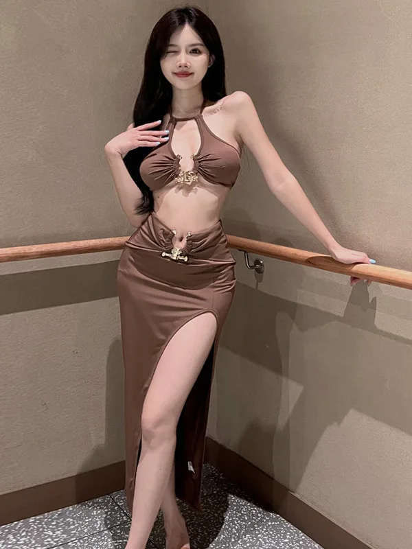 

2023 Mature Fashion Charm Gentle Hollow Out Elegant Spicy Girls Sexy Neck Short Top+Split Mid-length Half-length Skirt Set HW6W