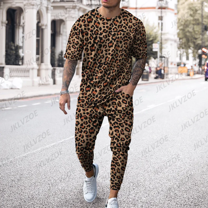 Summer Men's Casual Set 2-Piece 3D Printed Leopard Lion King Gold Pattern Fashion Street Men's Dance Dress Jogging Dress Luxury