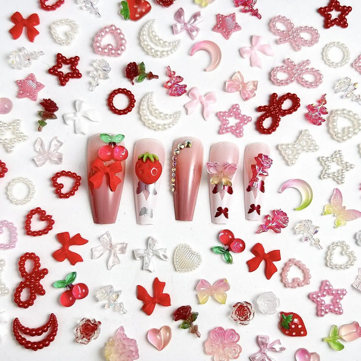 Random Mixed Sweet Red White Series Nail Charms 3D Resin Hollow Out Heart Bow Strawberry Cherry Nail Art Decorations Accessories 6