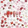 Random Mixed Sweet Red White Series Nail Charms 3D Resin Hollow Out Heart Bow Strawberry Cherry Nail Art Decorations Accessories 6