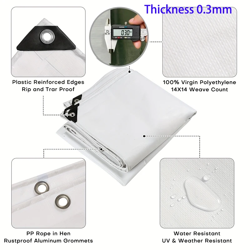 Tarp 2x2m 3 3*3 3x4 5m Outdoor Rain Shade Waterproof Tarpaulin Tent Sunshade White Awning Uv Blocking Camp Cover Canopy White
