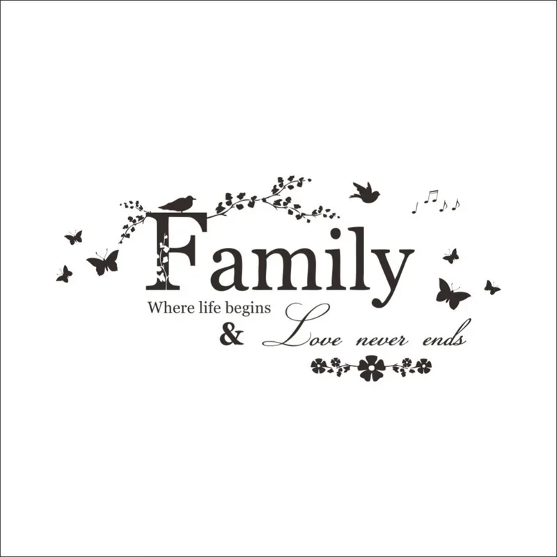 Family Love Never Ends Quote Vinyl Wall Decal Wall Lettering Word Art Wall Sticker Home Decor Wedding Decoration Living Room