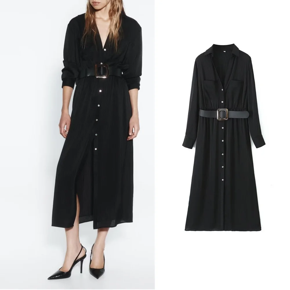 

Autumn new temperament women's black V-neck long belt textured high-waisted slim midi dress 8351224