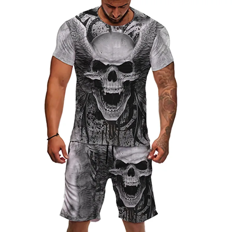 Men Sets Punk Skull Suit 3D Printed Oversize T-shirt Shorts Sets Men's Tracksuit Gothic Tee Shirt Men's Clothing Men T-Shirt Set men sets summer tracksuit for man fashion 3d printed casual short sleeves t shirt shorts suits streetwear oversize clothes