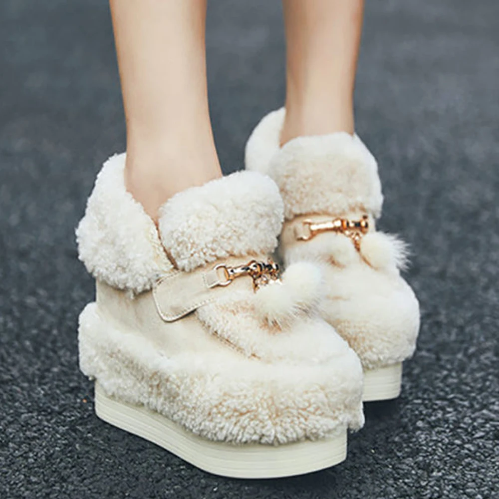 

12cm Platform Ankle Snow Boots Wedge Fur Autumn Winter Plush Warm Dress Pump Shoes Super High Elegant Fashion Ladies Luxury Shoe