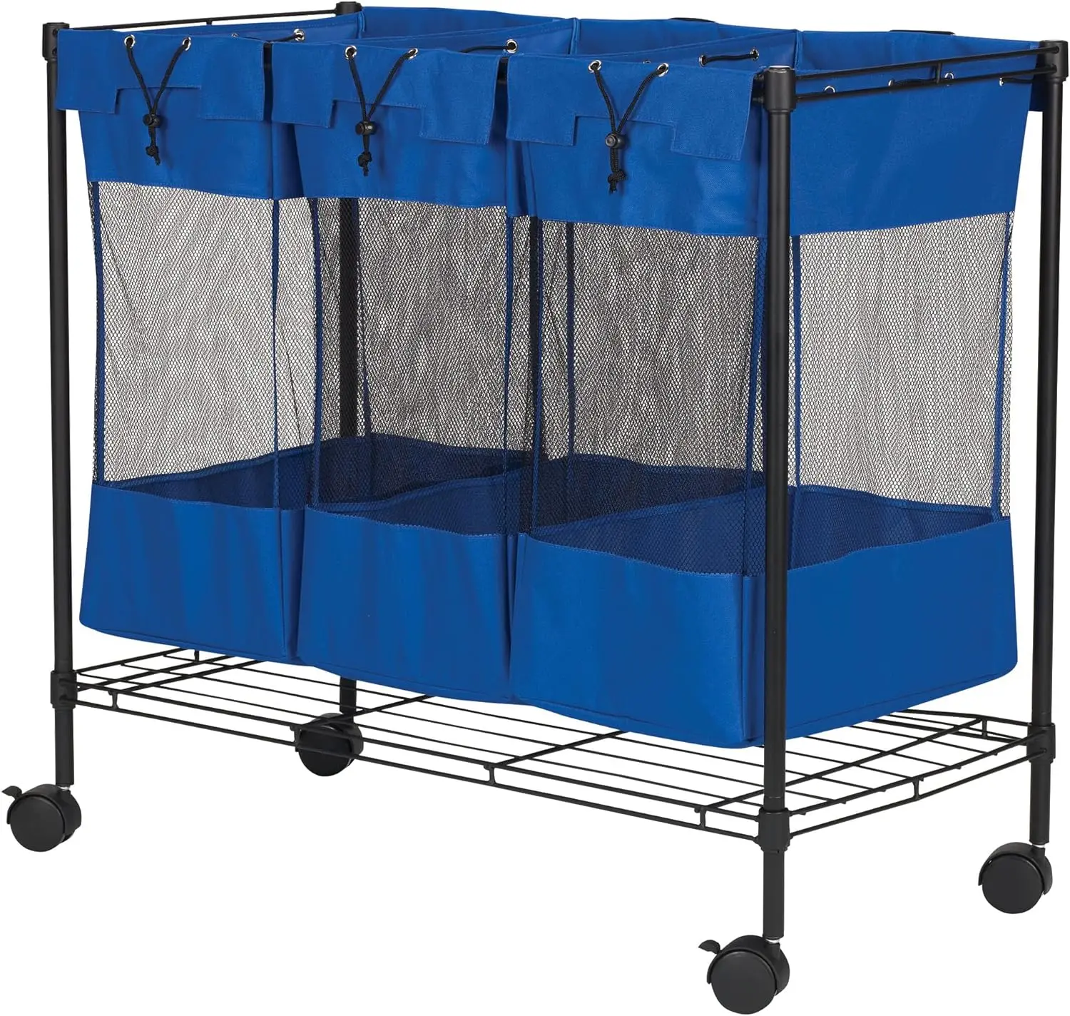 

Sorter with Wheels, Triple Removable Mesh Bags, Sturdy Wire Frame, Smooth Glide Casters, Wide Functionality, Blue and Black Sili