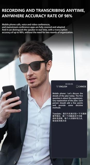 HY-C8 AI Óculos Inteligentes Tradução Inteligente Em Tempo real Fone De Ouvido Sem Fio Bluetooth Chat De Sol 75 Idiomas | Brasil