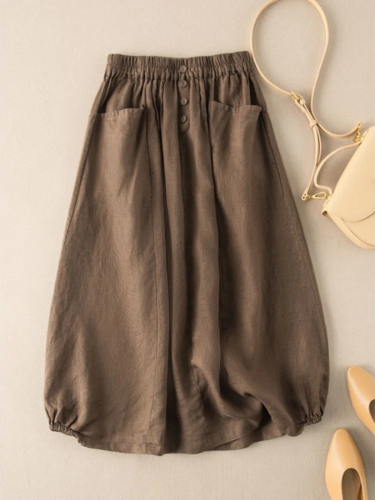 Summer Cotton and Linen Skirt Women New Fashion Retro Solid Color High Waist Mid-length A-line Skirt