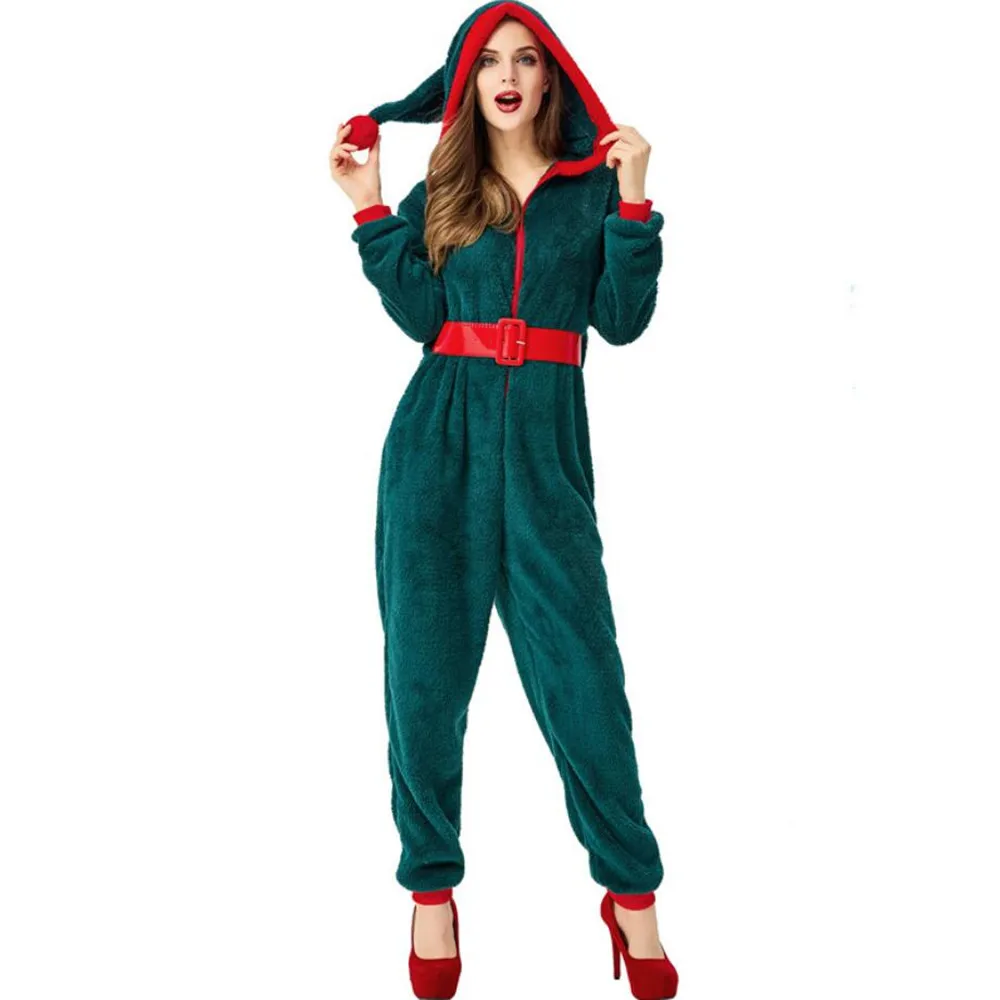 

New Womens Christmas Costumes Plush Romper Winter Pajamas Long-Sleeve Zipper High Neck Hat Keep Warm jumpsuits Clothes