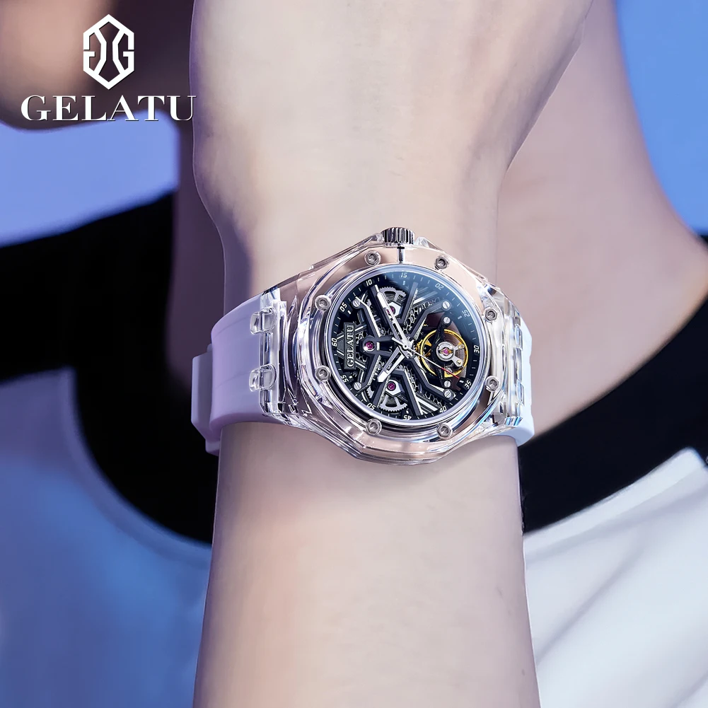 GELATU 8002 Man's Watch Transparent Case Hollow Mechanical Watch For Men Waterproof Automatic Wristwatch Male Silicone Strap