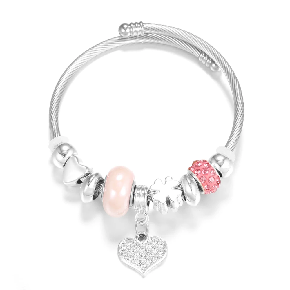 Heart-Shaped Rhinestone Stainless Steel Beaded Bracelet Women Glamorous Crystal 4 Colors Closure Adjustable Bangles Jewelry Gift bangle bracelet stainless steel bracelet beaded bracelet crystal bracelets bead bracelet