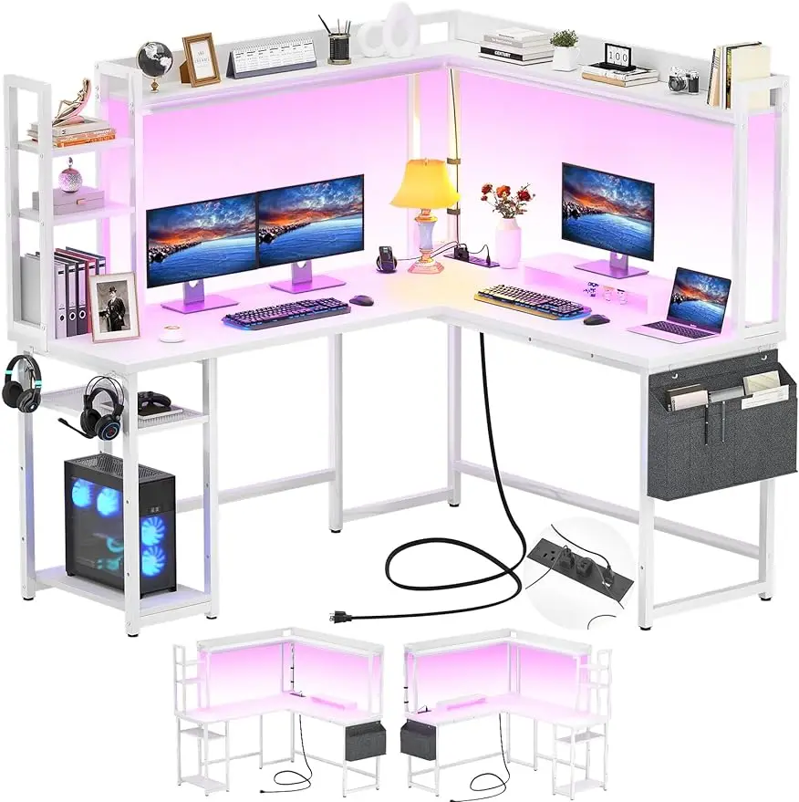 

Aheaplus L Shaped Desk with Power Outlet, L Shaped Gaming Desk with Led Light & Hutch, Reversible Home Office Desk, Corner Compu