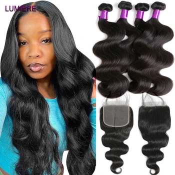 Body Wave Human Hair Bundles with Closure Frontal 5x5 6x6 HD Transparent 100% Virgin Human Hair Weave 3/4 Bundles with Closure 1