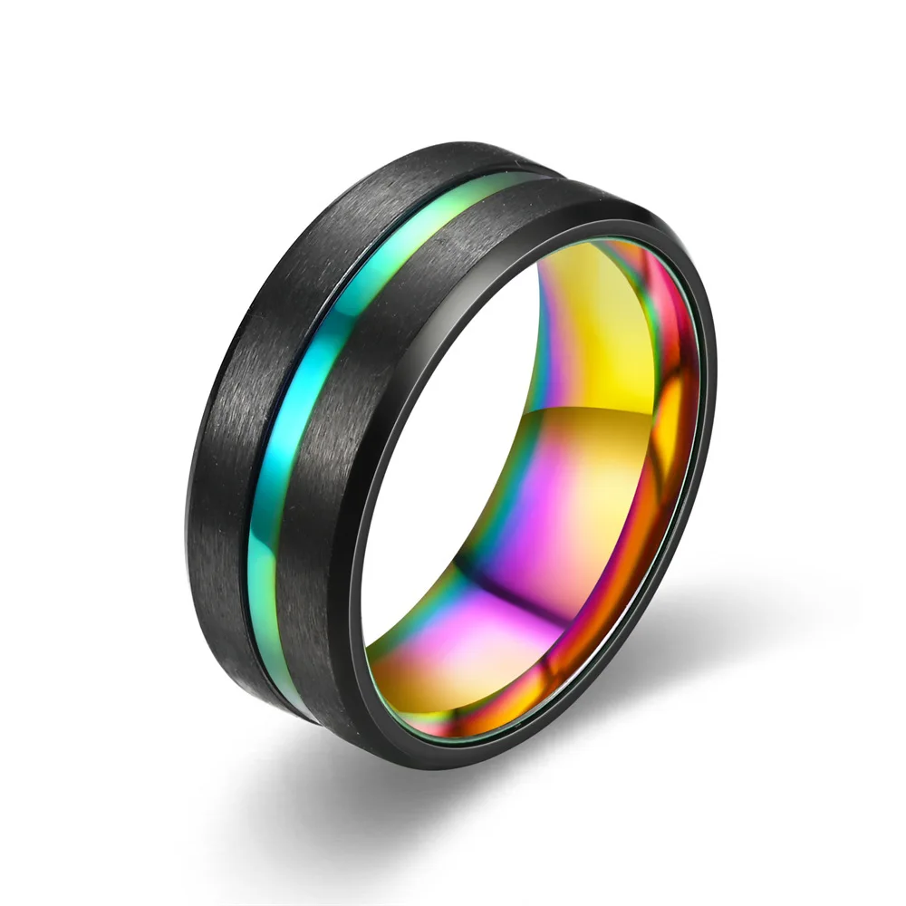 Men's Black Tungsten Beveled Edge Wedding Band with Groove Design